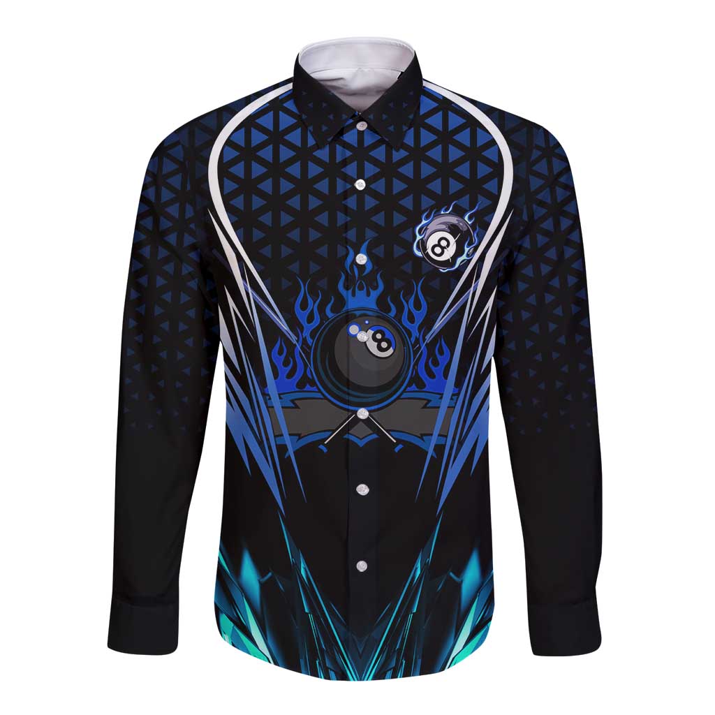 Billiards Design Long Sleeve Button Shirt with Blue Flame Eight Ball and Lightning Pattern in Black Cyan Gradient Background - Wonder Print Shop