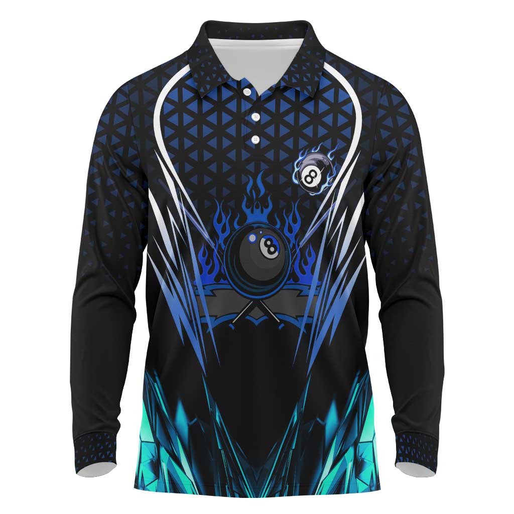 Billiards Design Long Sleeve Polo Shirt with Blue Flame Eight Ball and Lightning Pattern in Black Cyan Gradient Background - Wonder Print Shop
