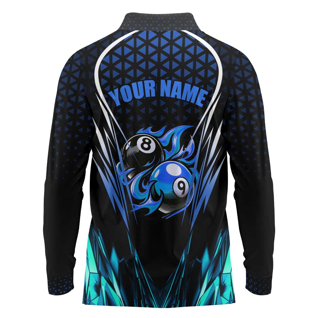 Billiards Design Long Sleeve Polo Shirt with Blue Flame Eight Ball and Lightning Pattern in Black Cyan Gradient Background - Wonder Print Shop