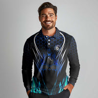 Billiards Design Long Sleeve Polo Shirt with Blue Flame Eight Ball and Lightning Pattern in Black Cyan Gradient Background - Wonder Print Shop
