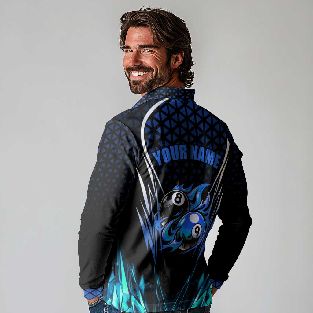 Billiards Design Long Sleeve Polo Shirt with Blue Flame Eight Ball and Lightning Pattern in Black Cyan Gradient Background - Wonder Print Shop