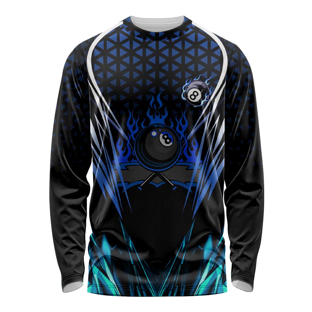 Billiards Design Long Sleeve Shirt with Blue Flame Eight Ball and Lightning Pattern in Black Cyan Gradient Background - Wonder Print Shop