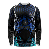 Billiards Design Long Sleeve Shirt with Blue Flame Eight Ball and Lightning Pattern in Black Cyan Gradient Background - Wonder Print Shop