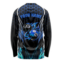 Billiards Design Long Sleeve Shirt with Blue Flame Eight Ball and Lightning Pattern in Black Cyan Gradient Background - Wonder Print Shop