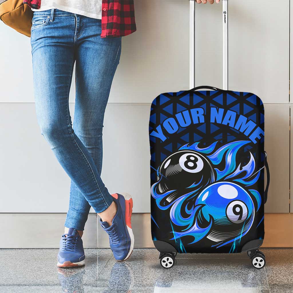 Billiards Design Luggage Cover with Blue Flame Eight Ball and Lightning Pattern in Black Cyan Gradient Background - Wonder Print Shop