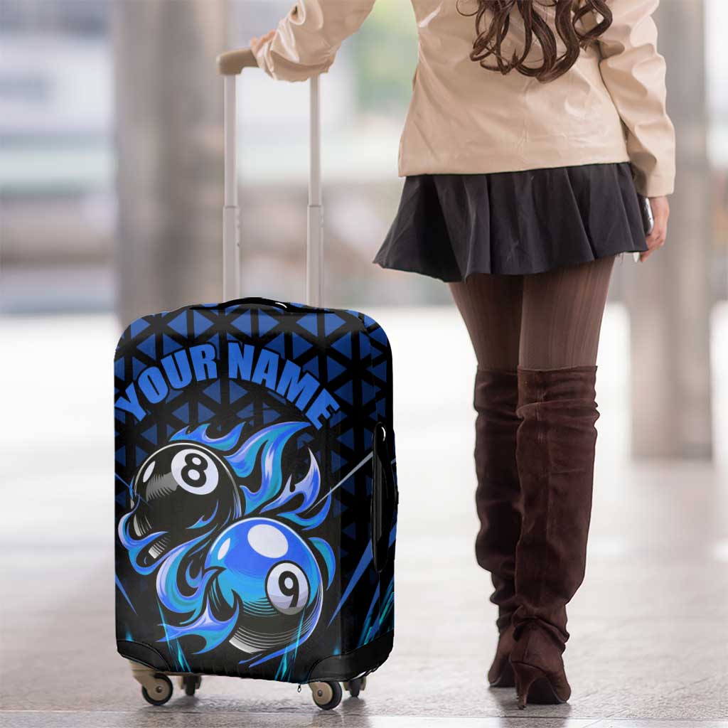 Billiards Design Luggage Cover with Blue Flame Eight Ball and Lightning Pattern in Black Cyan Gradient Background - Wonder Print Shop