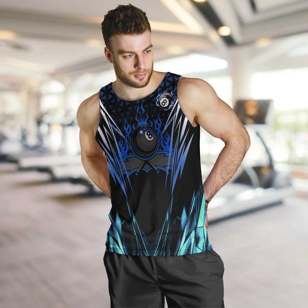 Billiards Design Men Tank Top with Blue Flame Eight Ball and Lightning Pattern in Black Cyan Gradient Background - Wonder Print Shop