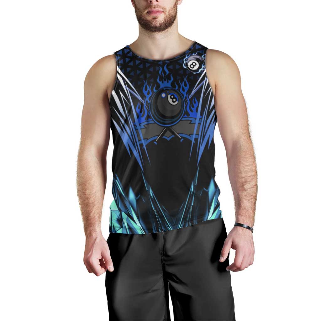 Billiards Design Men Tank Top with Blue Flame Eight Ball and Lightning Pattern in Black Cyan Gradient Background - Wonder Print Shop