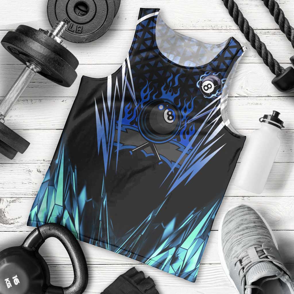 Billiards Design Men Tank Top with Blue Flame Eight Ball and Lightning Pattern in Black Cyan Gradient Background - Wonder Print Shop