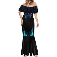 Billiards Design Mermaid Dress with Blue Flame Eight Ball and Lightning Pattern in Black Cyan Gradient Background - Wonder Print Shop