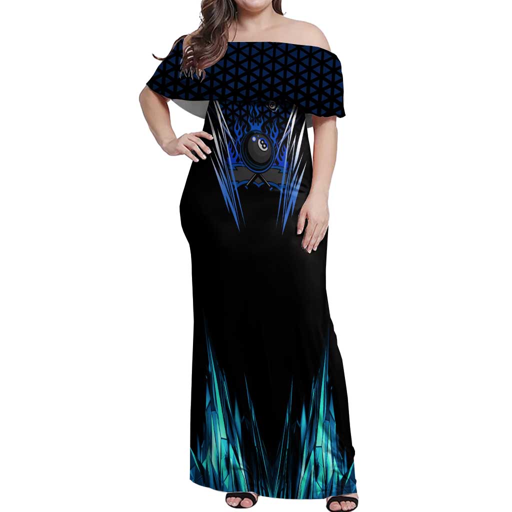 Billiards Design Off Shoulder Maxi Dress with Blue Flame Eight Ball and Lightning Pattern in Black Cyan Gradient Background - Wonder Print Shop