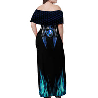 Billiards Design Off Shoulder Maxi Dress with Blue Flame Eight Ball and Lightning Pattern in Black Cyan Gradient Background - Wonder Print Shop