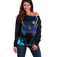 Billiards Design Off Shoulder Sweater with Blue Flame Eight Ball and Lightning Pattern in Black Cyan Gradient Background - Wonder Print Shop