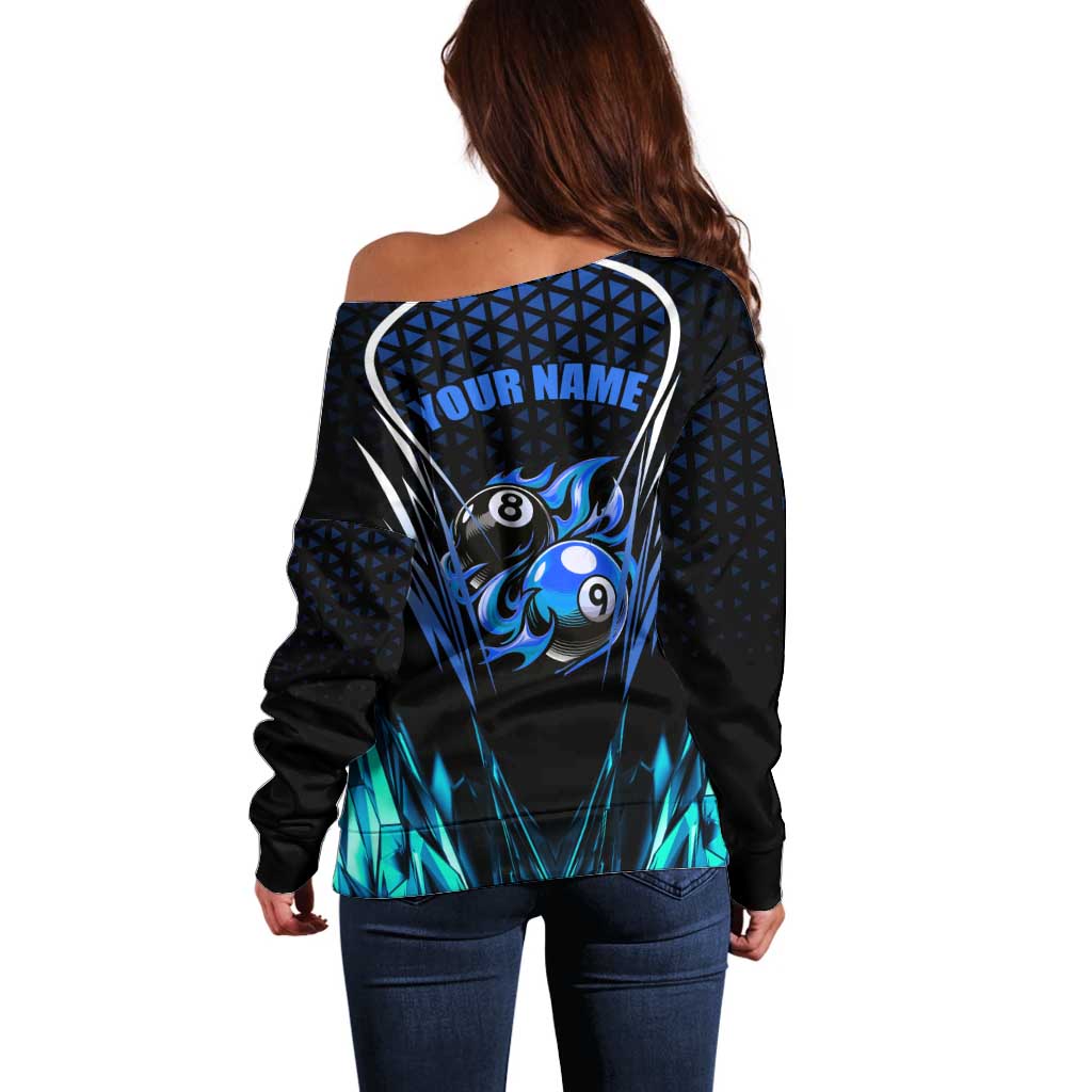 Billiards Design Off Shoulder Sweater with Blue Flame Eight Ball and Lightning Pattern in Black Cyan Gradient Background - Wonder Print Shop