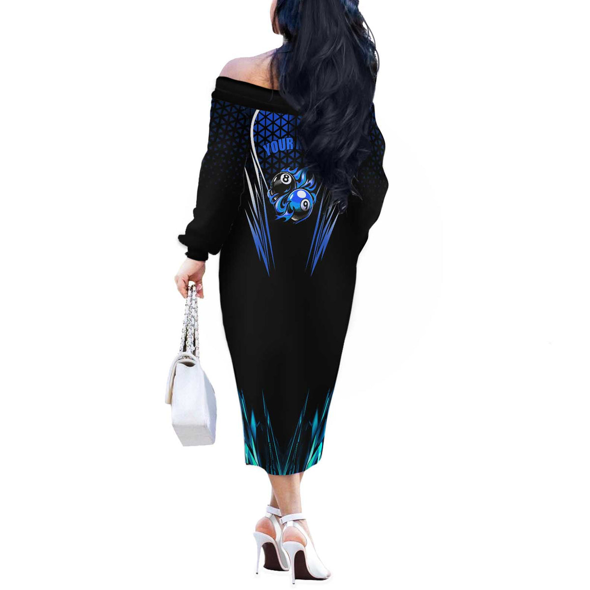 Billiards Design Off The Shoulder Long Sleeve Dress with Blue Flame Eight Ball and Lightning Pattern in Black Cyan Gradient Background - Wonder Print Shop