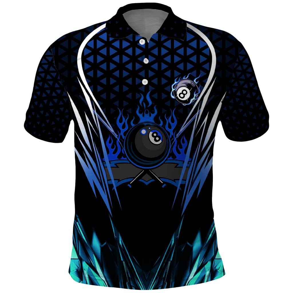 Billiards Design Polo Shirt with Blue Flame Eight Ball and Lightning Pattern in Black Cyan Gradient Background - Wonder Print Shop