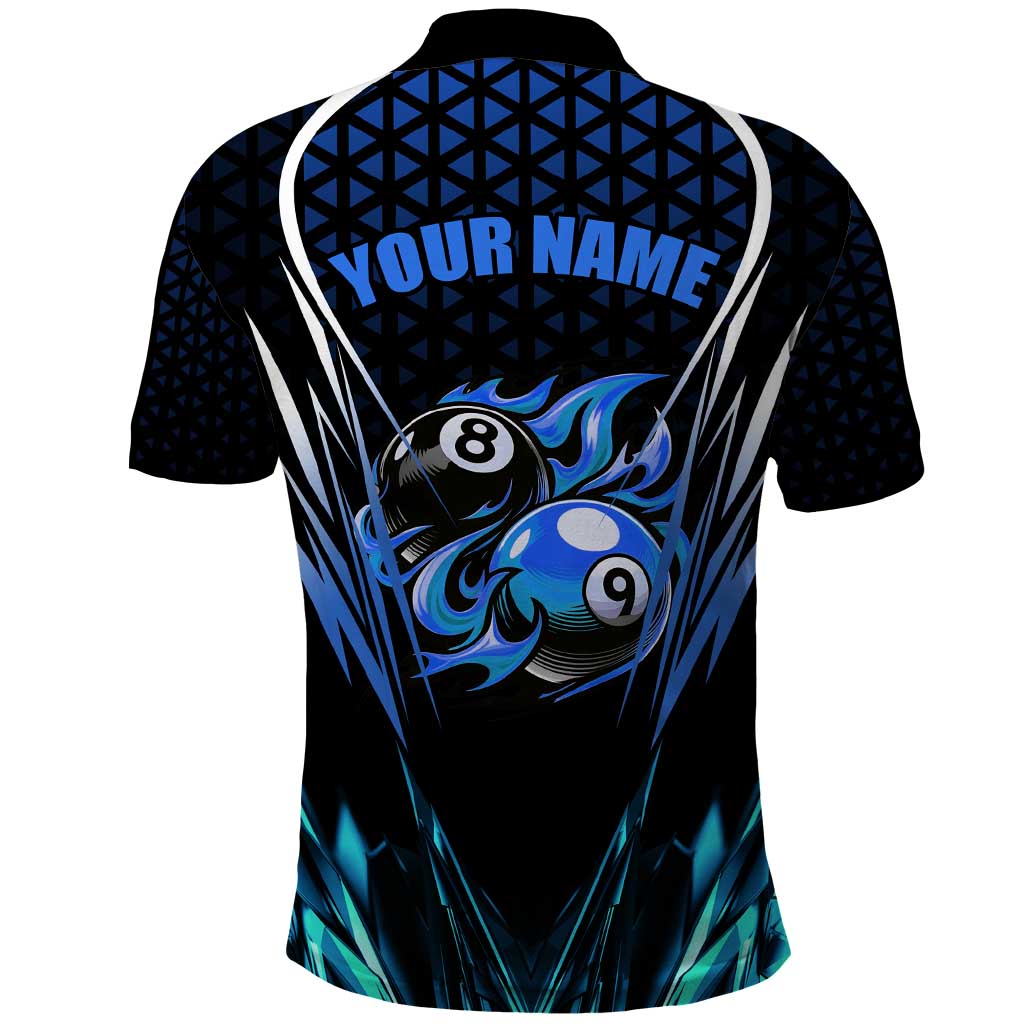Billiards Design Polo Shirt with Blue Flame Eight Ball and Lightning Pattern in Black Cyan Gradient Background - Wonder Print Shop