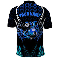 Billiards Design Polo Shirt with Blue Flame Eight Ball and Lightning Pattern in Black Cyan Gradient Background - Wonder Print Shop