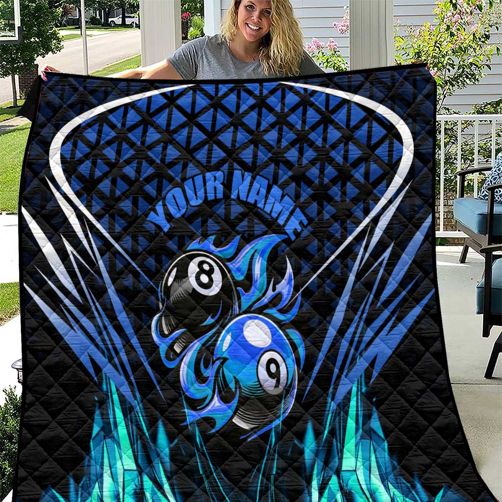 Billiards Design Quilt with Blue Flame Eight Ball and Lightning Pattern in Black Cyan Gradient Background - Wonder Print Shop