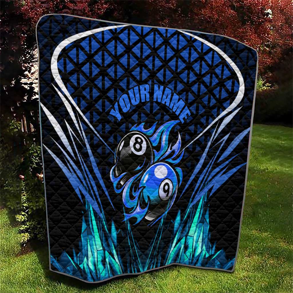 Billiards Design Quilt with Blue Flame Eight Ball and Lightning Pattern in Black Cyan Gradient Background - Wonder Print Shop