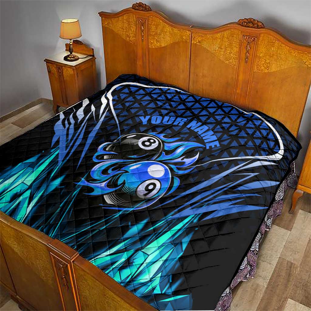 Billiards Design Quilt with Blue Flame Eight Ball and Lightning Pattern in Black Cyan Gradient Background - Wonder Print Shop