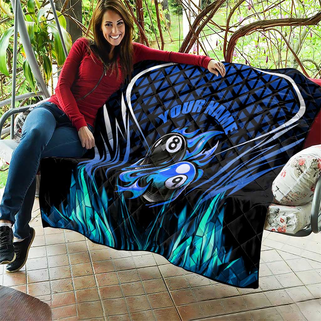 Billiards Design Quilt with Blue Flame Eight Ball and Lightning Pattern in Black Cyan Gradient Background - Wonder Print Shop