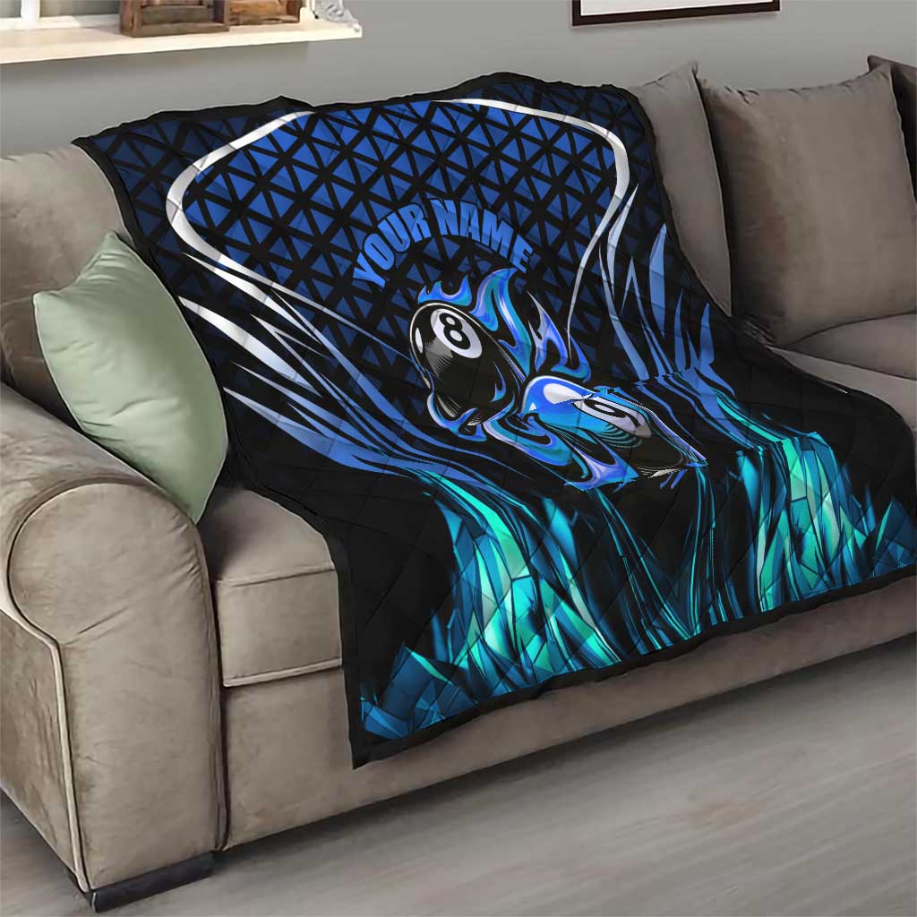 Billiards Design Quilt with Blue Flame Eight Ball and Lightning Pattern in Black Cyan Gradient Background - Wonder Print Shop