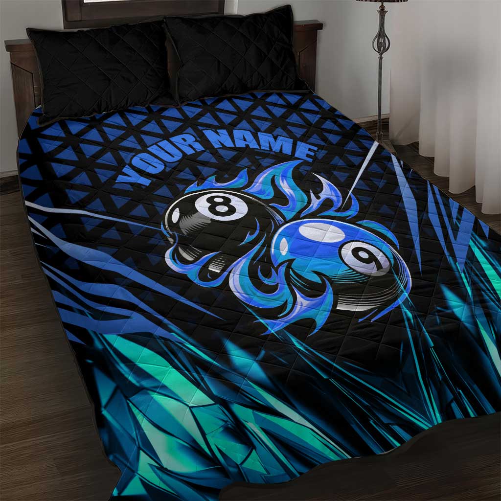 Billiards Design Quilt Bed Set with Blue Flame Eight Ball and Lightning Pattern in Black Cyan Gradient Background - Wonder Print Shop