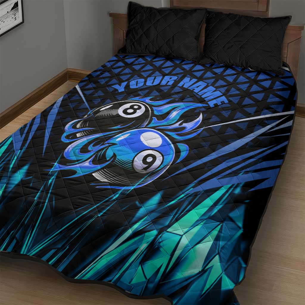 Billiards Design Quilt Bed Set with Blue Flame Eight Ball and Lightning Pattern in Black Cyan Gradient Background - Wonder Print Shop
