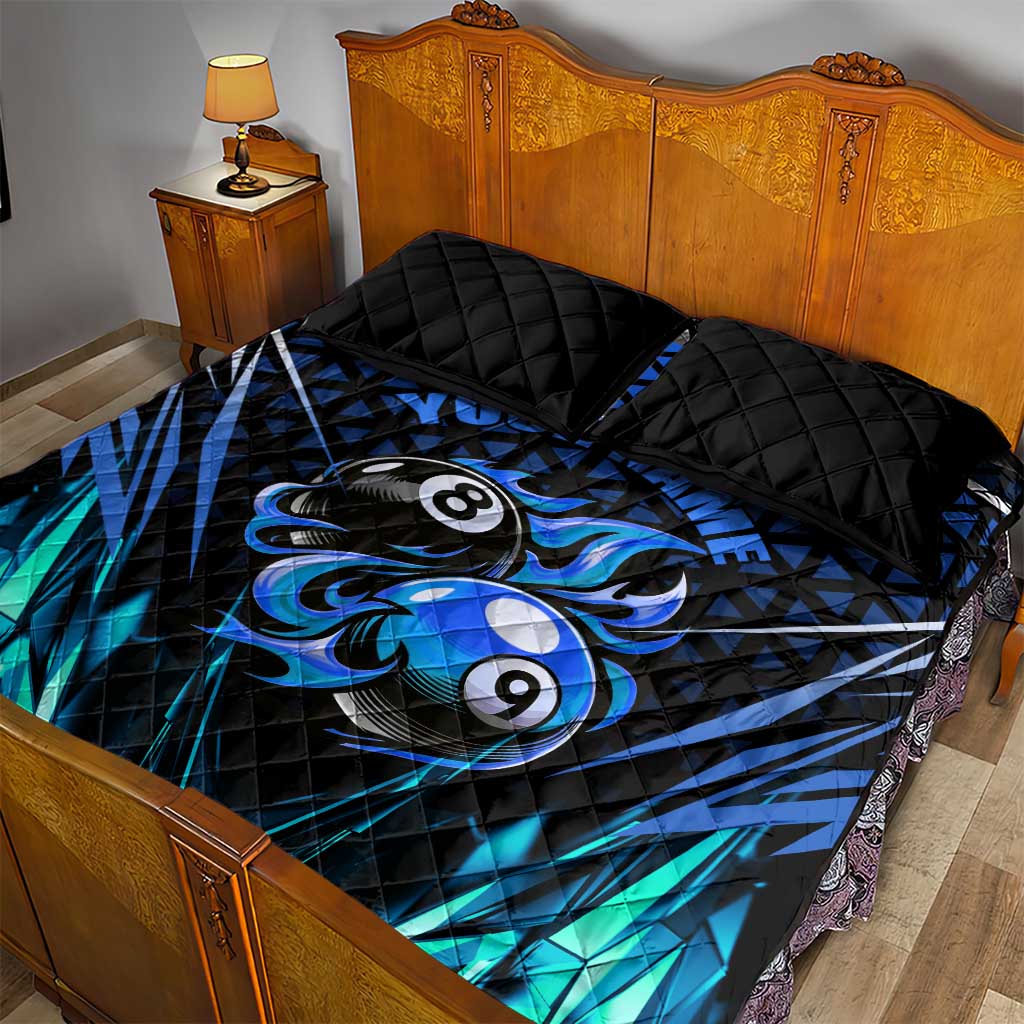 Billiards Design Quilt Bed Set with Blue Flame Eight Ball and Lightning Pattern in Black Cyan Gradient Background - Wonder Print Shop