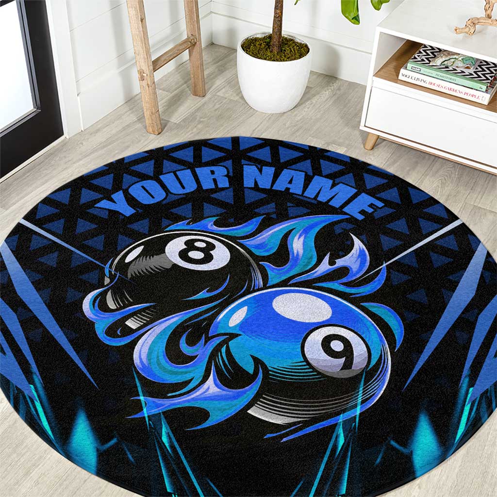 Billiards Design Round Carpet with Blue Flame Eight Ball and Lightning Pattern in Black Cyan Gradient Background - Wonder Print Shop