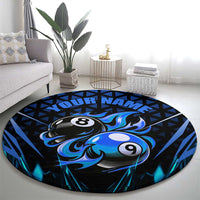 Billiards Design Round Carpet with Blue Flame Eight Ball and Lightning Pattern in Black Cyan Gradient Background - Wonder Print Shop