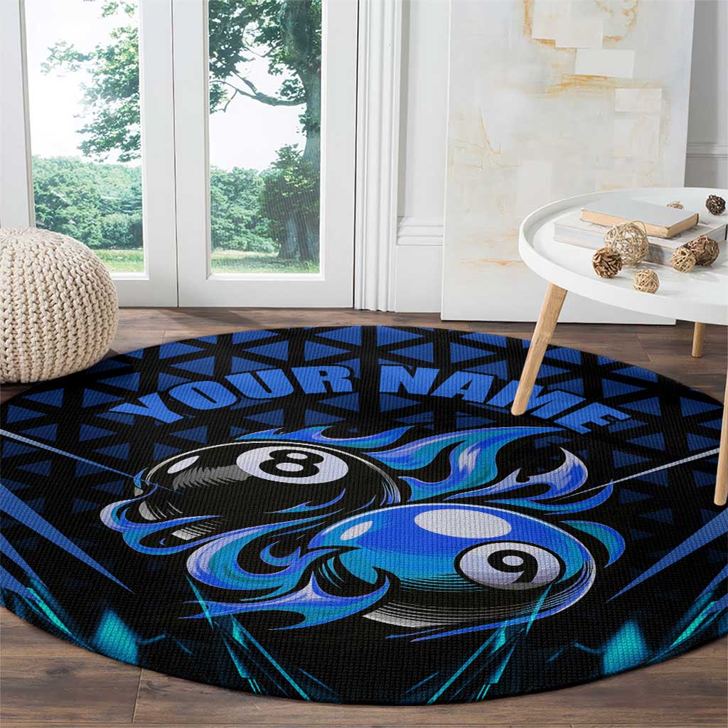 Billiards Design Round Carpet with Blue Flame Eight Ball and Lightning Pattern in Black Cyan Gradient Background - Wonder Print Shop