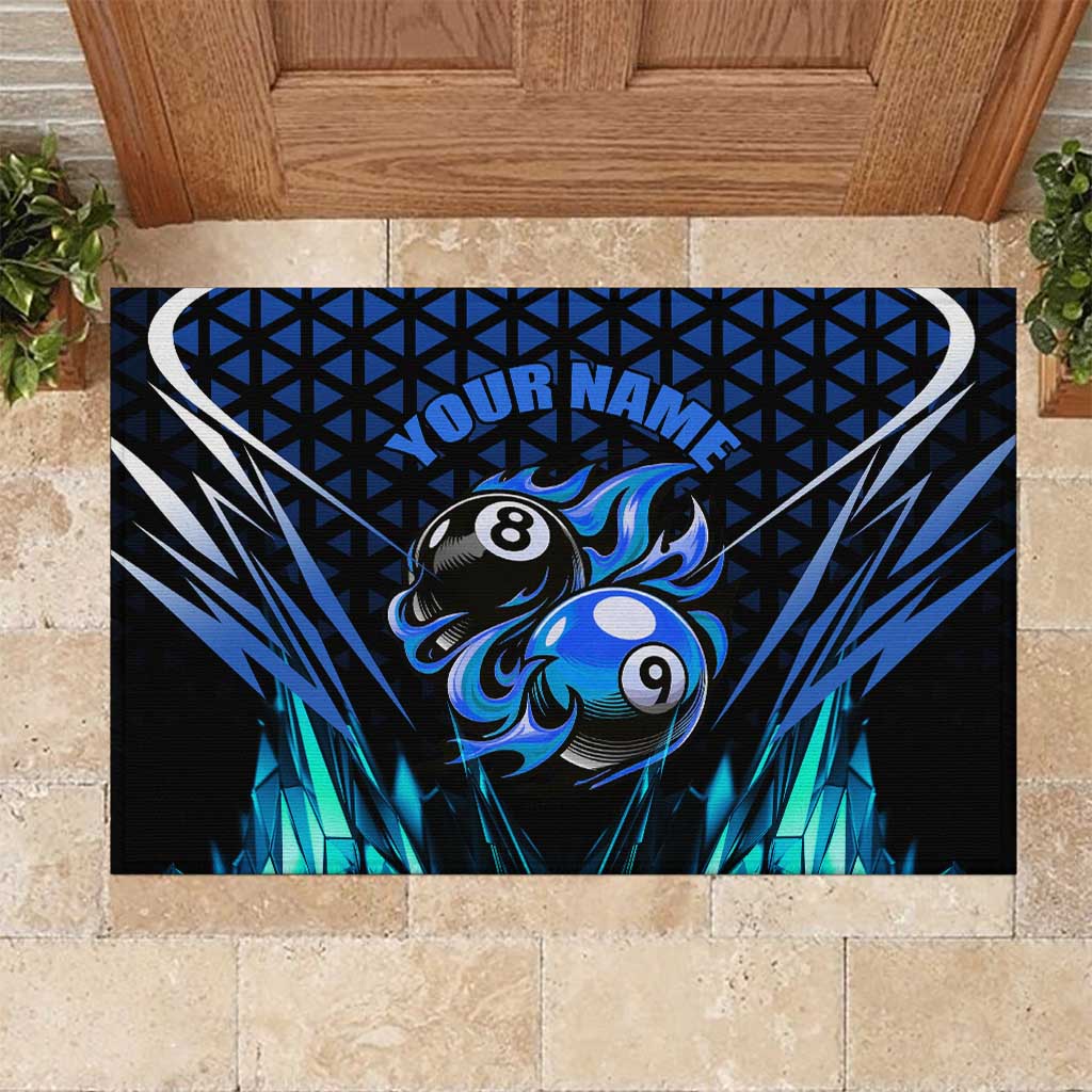 Billiards Design Rubber Doormat with Blue Flame Eight Ball and Lightning Pattern in Black Cyan Gradient Background - Wonder Print Shop