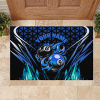 Billiards Design Rubber Doormat with Blue Flame Eight Ball and Lightning Pattern in Black Cyan Gradient Background - Wonder Print Shop