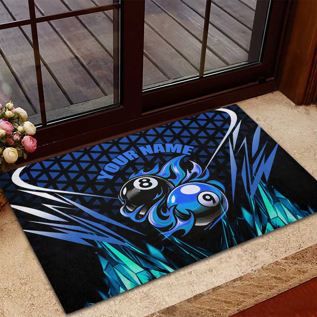 Billiards Design Rubber Doormat with Blue Flame Eight Ball and Lightning Pattern in Black Cyan Gradient Background - Wonder Print Shop
