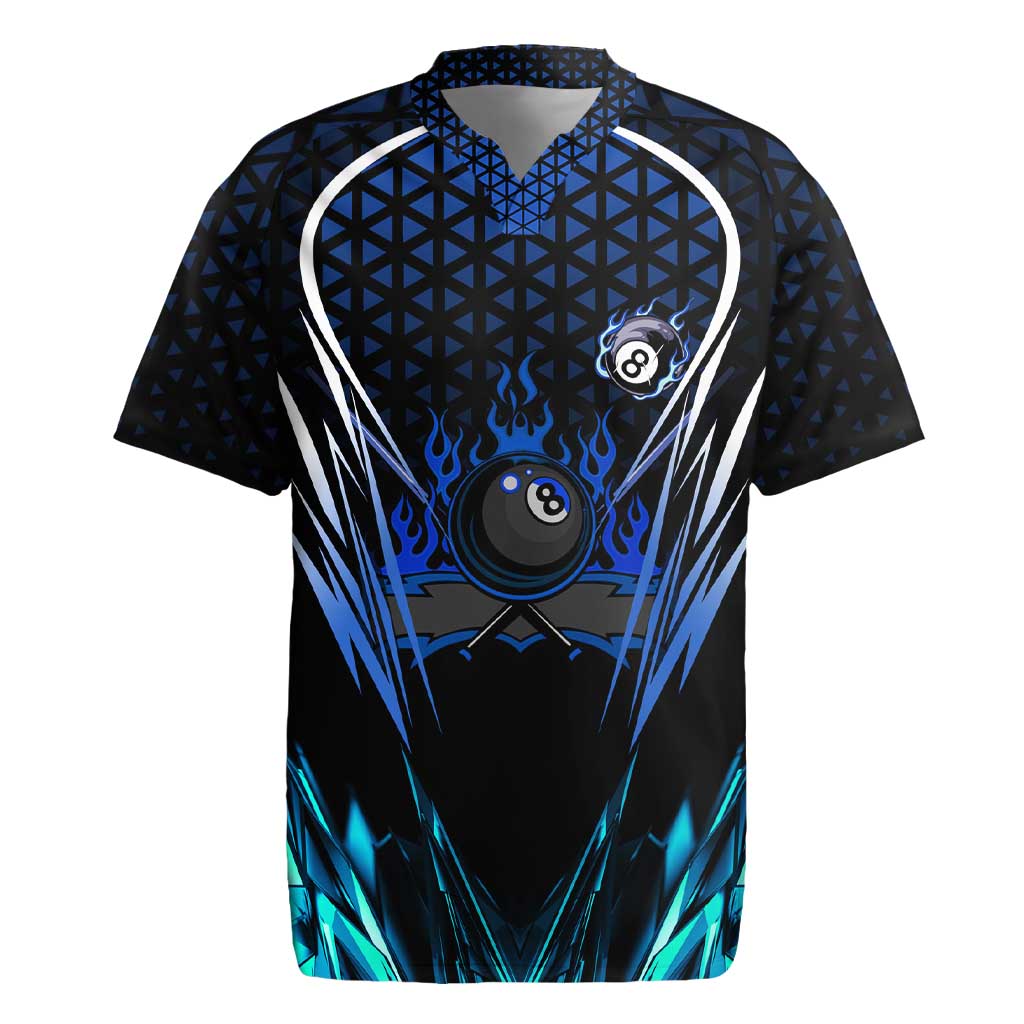 Billiards Design Rugby Jersey with Blue Flame Eight Ball and Lightning Pattern in Black Cyan Gradient Background - Wonder Print Shop