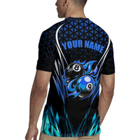 Billiards Design Rugby Jersey with Blue Flame Eight Ball and Lightning Pattern in Black Cyan Gradient Background - Wonder Print Shop