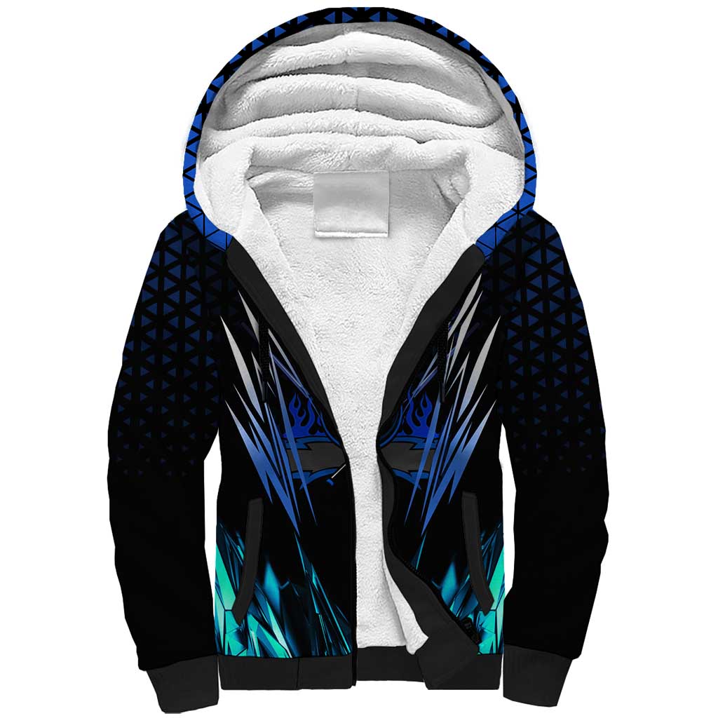Billiards Design Sherpa Hoodie with Blue Flame Eight Ball and Lightning Pattern in Black Cyan Gradient Background - Wonder Print Shop