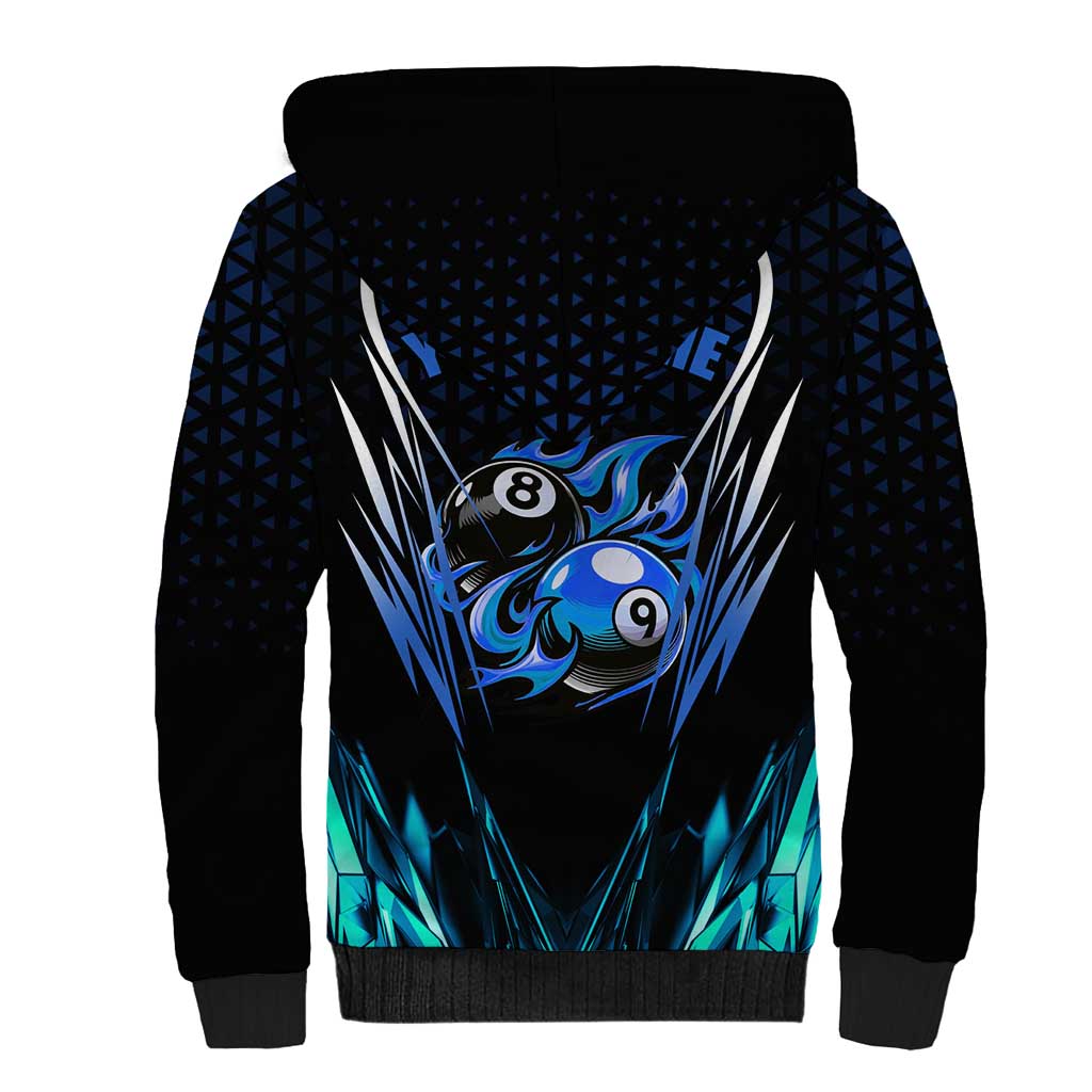 Billiards Design Sherpa Hoodie with Blue Flame Eight Ball and Lightning Pattern in Black Cyan Gradient Background - Wonder Print Shop