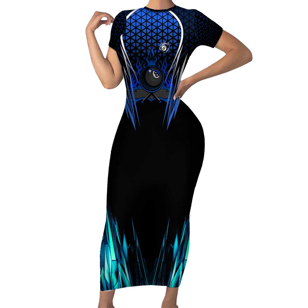 Billiards Design Short Sleeve Bodycon Dress with Blue Flame Eight Ball and Lightning Pattern in Black Cyan Gradient Background - Wonder Print Shop