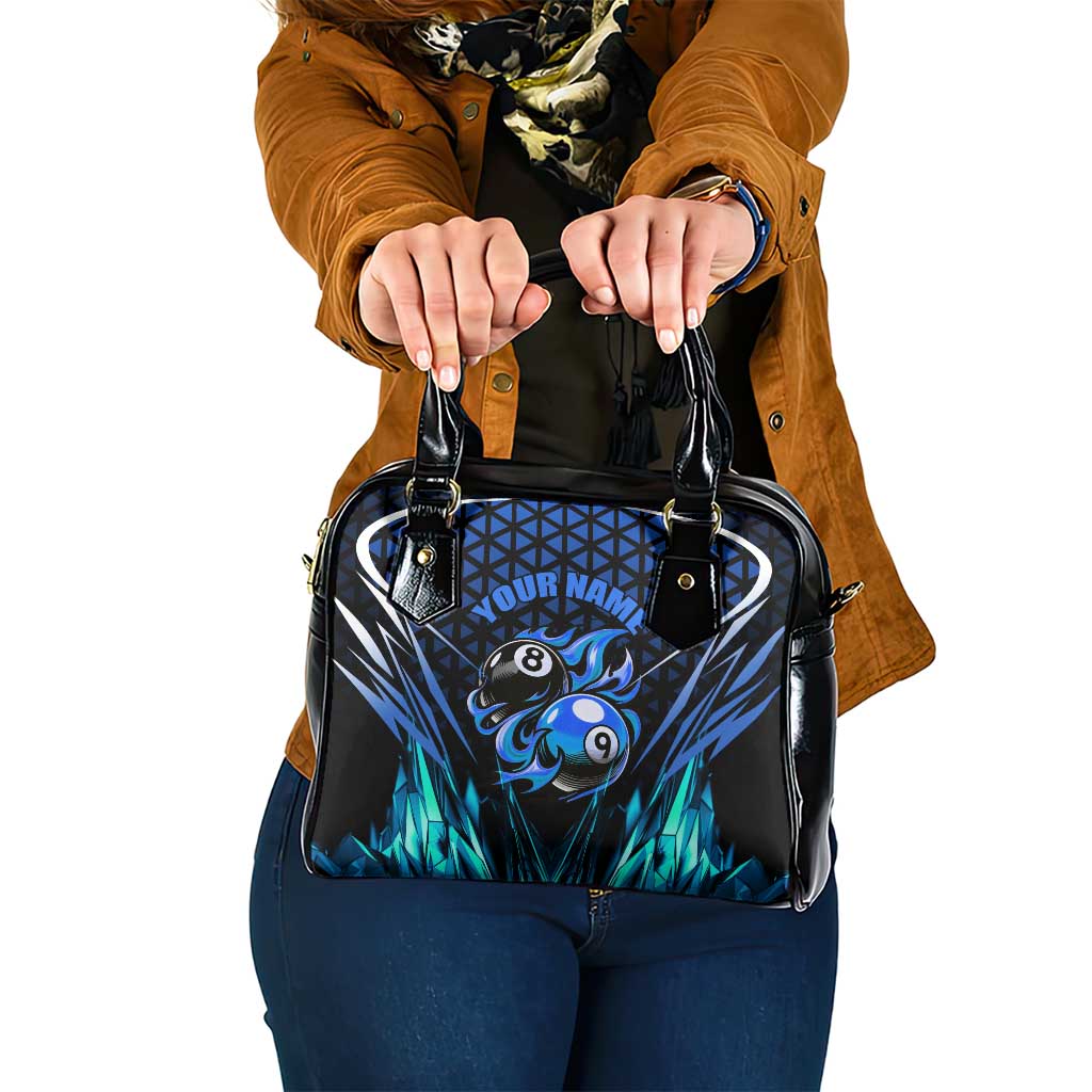 Billiards Design Shoulder Handbag with Blue Flame Eight Ball and Lightning Pattern in Black Cyan Gradient Background - Wonder Print Shop