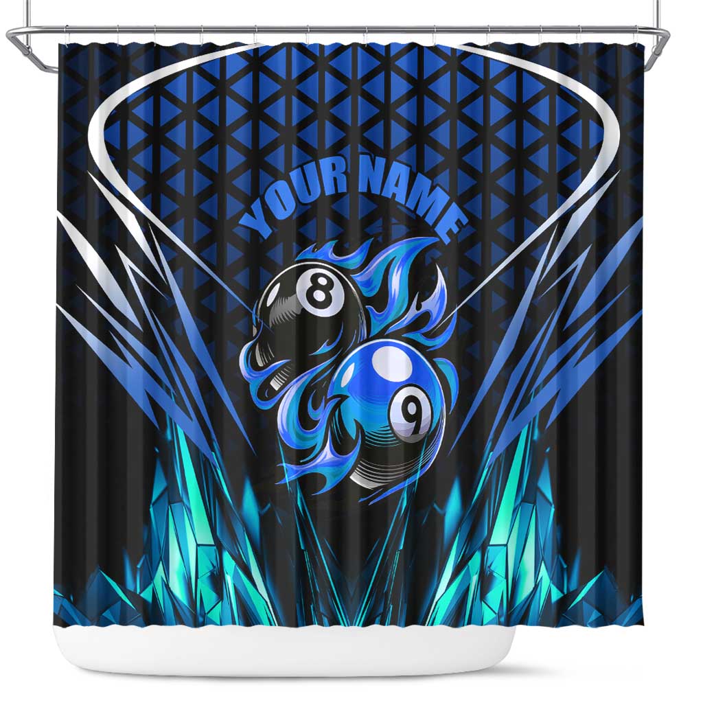 Billiards Design Shower Curtain with Blue Flame Eight Ball and Lightning Pattern in Black Cyan Gradient Background - Wonder Print Shop