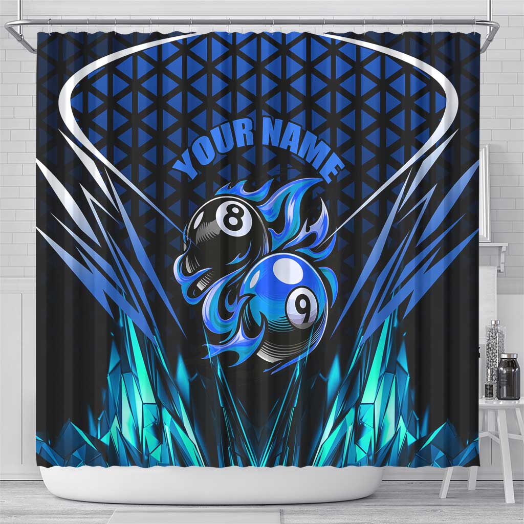 Billiards Design Shower Curtain with Blue Flame Eight Ball and Lightning Pattern in Black Cyan Gradient Background - Wonder Print Shop