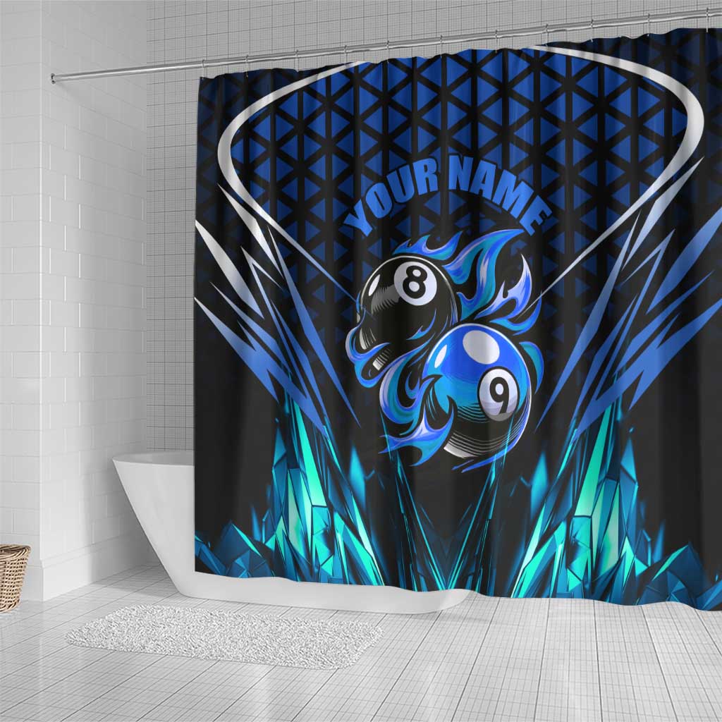 Billiards Design Shower Curtain with Blue Flame Eight Ball and Lightning Pattern in Black Cyan Gradient Background - Wonder Print Shop