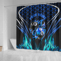 Billiards Design Shower Curtain with Blue Flame Eight Ball and Lightning Pattern in Black Cyan Gradient Background - Wonder Print Shop