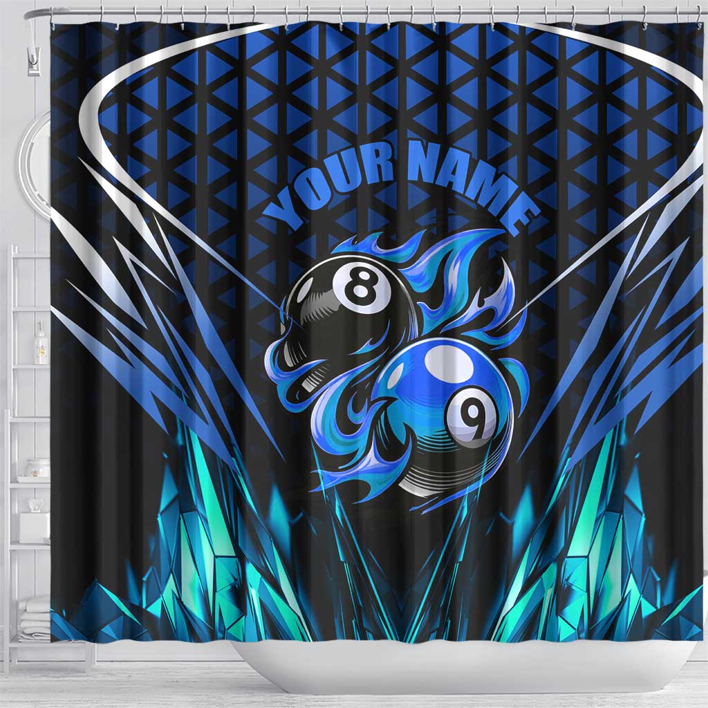 Billiards Design Shower Curtain with Blue Flame Eight Ball and Lightning Pattern in Black Cyan Gradient Background - Wonder Print Shop