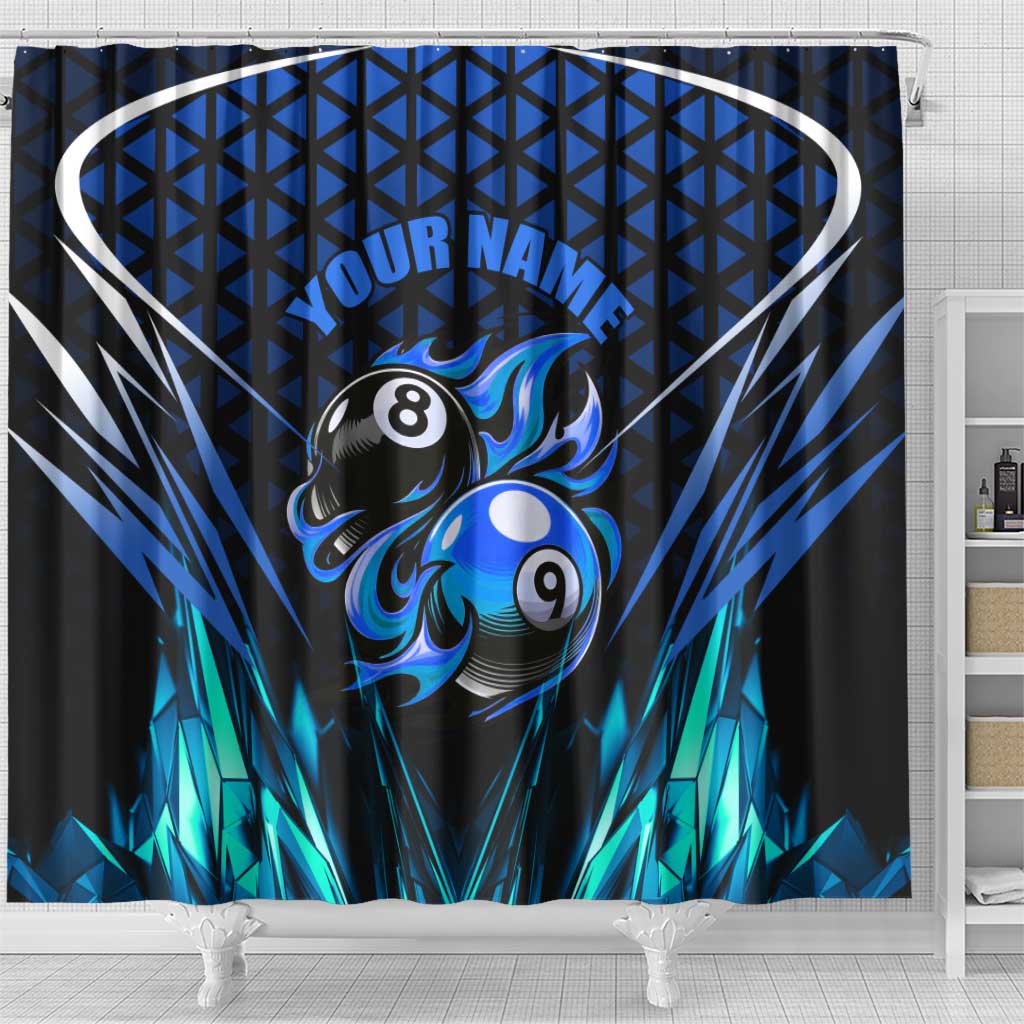 Billiards Design Shower Curtain with Blue Flame Eight Ball and Lightning Pattern in Black Cyan Gradient Background - Wonder Print Shop