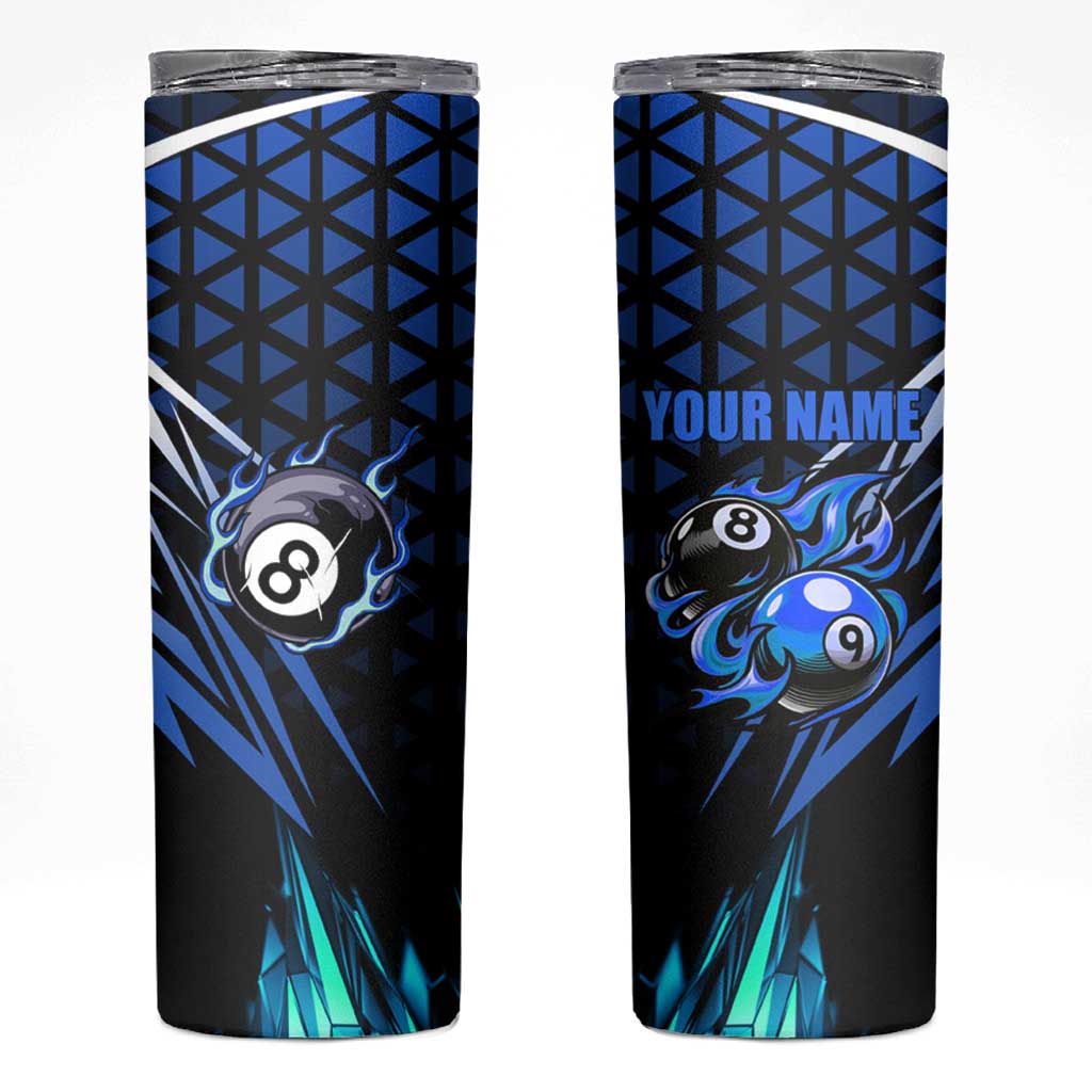 Billiards Design Skinny Tumbler with Blue Flame Eight Ball and Lightning Pattern in Black Cyan Gradient Background - Wonder Print Shop