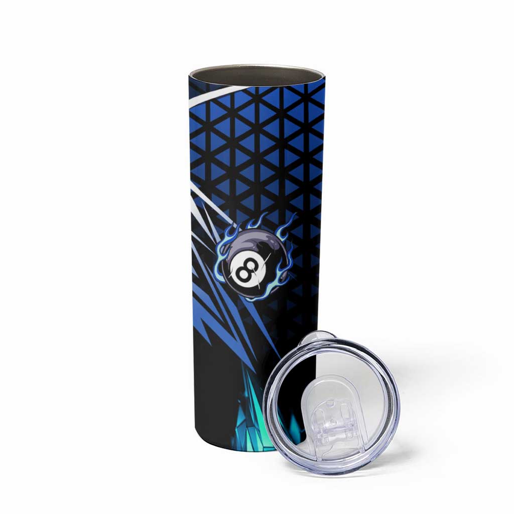 Billiards Design Skinny Tumbler with Blue Flame Eight Ball and Lightning Pattern in Black Cyan Gradient Background - Wonder Print Shop